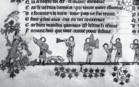 Músico Cego com Cão - detalhe de iluminura em pergaminho do «Romance de Alexandre» - Jehan de Grise, s. XIV