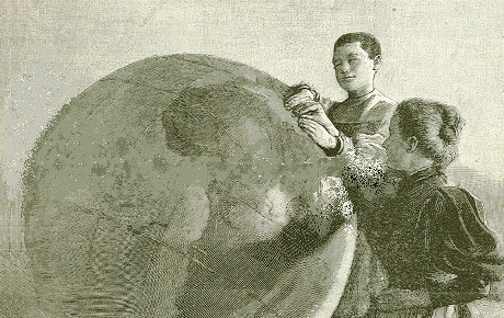 Student and teacher exploring tactile globe - French Woodcut, 1897