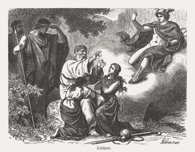 A morte de �dipo. Hermes conduz a alma de �dipo ao reino dos mortos. Cena da mitologia grega. Gravura em madeira, publicada em 1880.