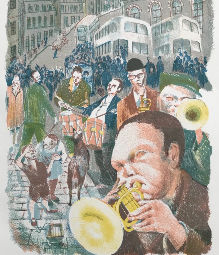 "The Blind Band" or  "Brighton Rock" - by K. Lumb (lithography, 1951)