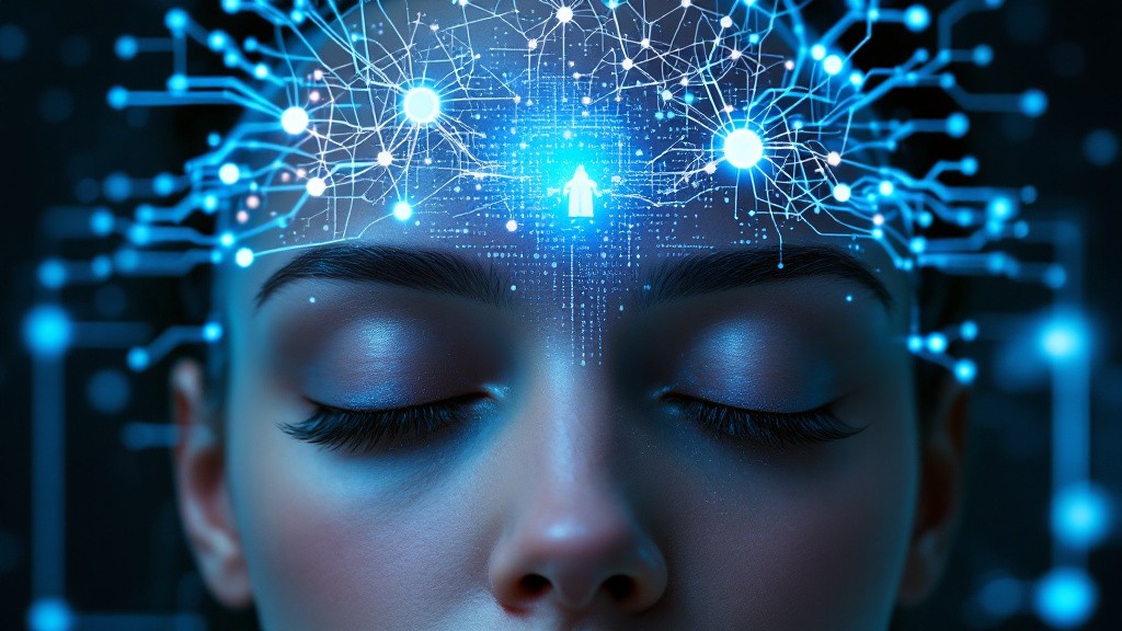 Dispositivo futurista de interface c�rebro-computador: sobre um rosto com olhos fechados espalham-se neur�nios digitais, representando tecnologia assistiva.